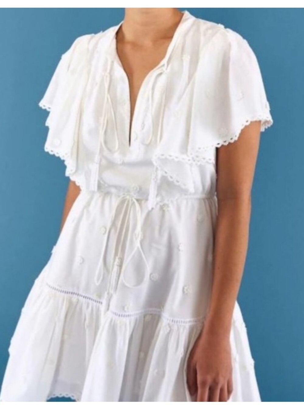Farm Rio Anthro White Cotton Mini Dress 3D Flower Embroidery - Small